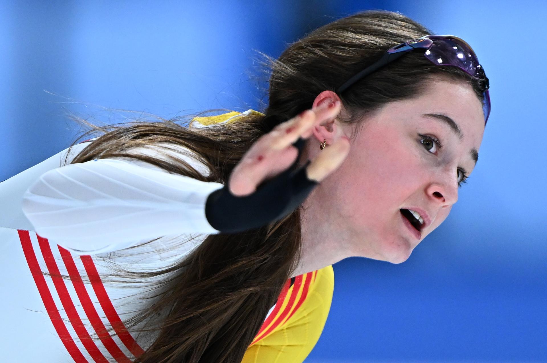 Belgian speed skater Fran Vanhoutte pictured during the Women's 1000m speed skating race at the Milano Cortina 2026 Olympic Winter Games, on Monday 09 February 2026 in Milan, Italy. The XXV Winter Olympics take place from 6 to 22 February 2026 in Italy. BELGA PHOTO JASPER JACOBS
