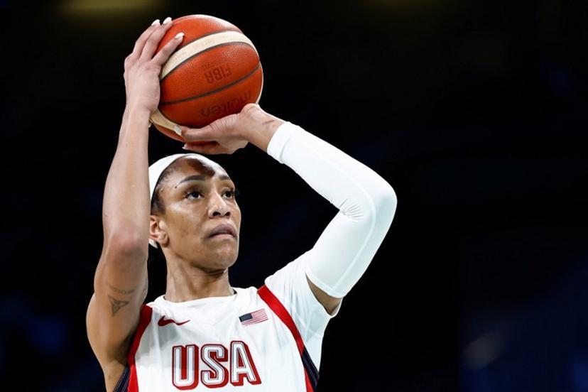 USA's #09 A'ja Wilson takes a free throw in the women's preliminary round group C basketball match between USA and Japan during the Paris 2024 Olympic Games at the Pierre-Mauroy stadium in Villeneuve-d'Ascq, northern France, on July 29, 2024.  Sameer Al-Doumy / AFP