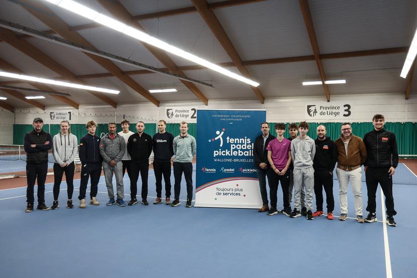 A family photo is made at a press conference of Tennis Padel Pickleball Wallonie-Bruxelles, in Huy, on Friday 19 December 2025. BELGA PHOTO BRUNO FAHY