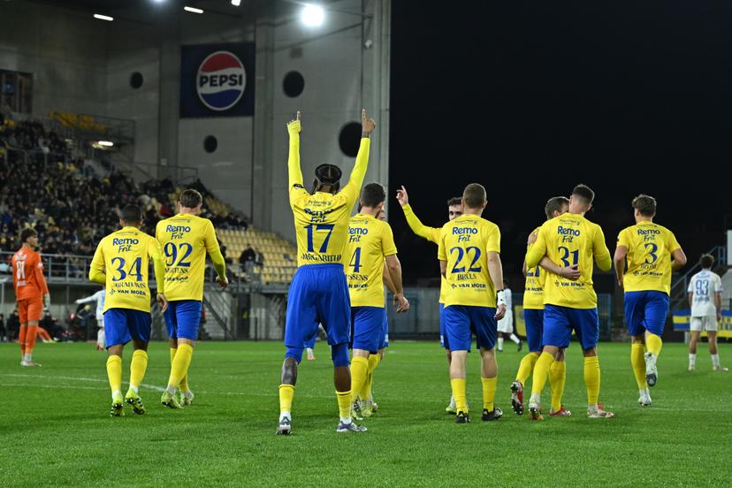 Beveren's Jearl Margaritha celebrate after scoring during a soccer game between SK Beveren and Club NXT, Saturday 01 November 2025 in Beveren, on day 12 of the 2025-2026 'Challenger Pro League' 1B second division of the Belgian championship. BELGA PHOTO DAVID PINTENS