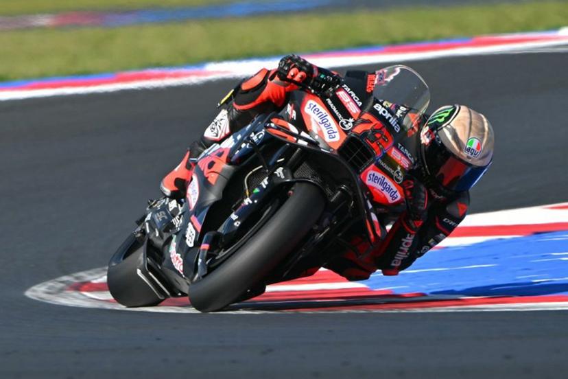 Aprilia Racing team's Italian MotoGP rider Marco Bezzecchi during the second practice session ahead of the San Marino Moto GP Grand Prix at the Misano World Circuit Marco Simoncelli, in Misano Adriatico, northern Italy, on September 13, 2025.  Andreas SOLARO / AFP