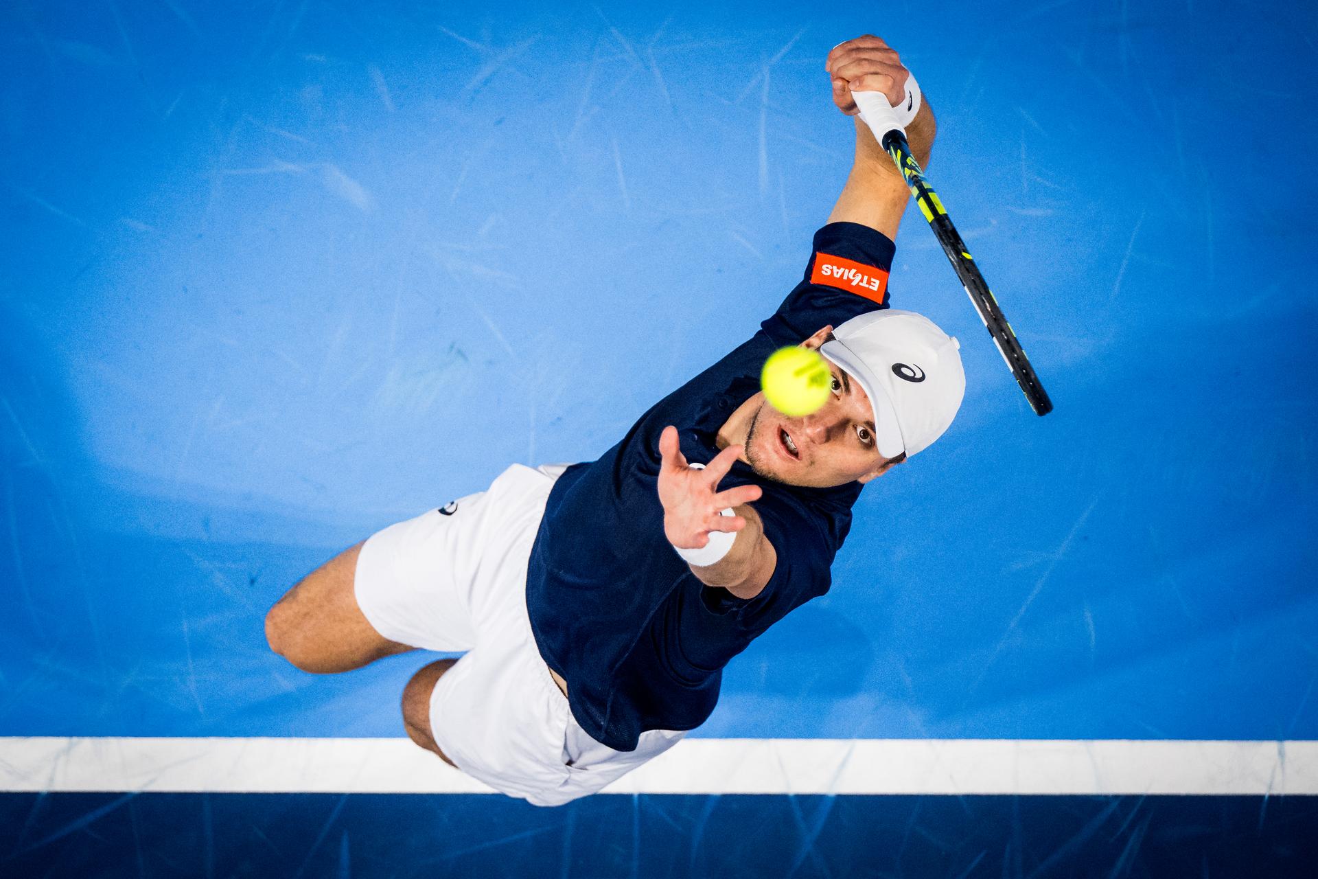 Belgian Raphael Collignon pictured in action during the European Open ATP tennis tournament in Brussels, on Saturday 18 October 2025. This year's edition of the tournament is taking place from 12 to 19 October 2025. BELGA PHOTO JASPER JACOBS