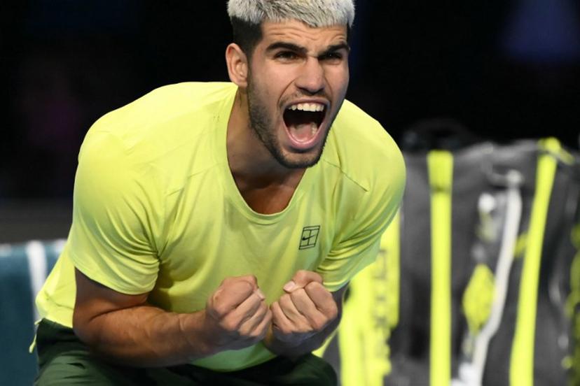 Spain's Carlos Alcaraz celebrates after winning against Italy's Lorenzo Musetti at the ATP Finals tennis tournament in Turin on November 13, 2025. Carlos Alcaraz will end the year as world number one after beating Lorenzo Musetti at the ATP Finals 6-4, 6-1 today. Marco BERTORELLO / AFP