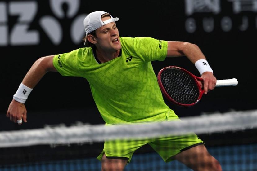 Belgium's Zizou Bergs reacts after a point against Poland's Hubert Hurkacz during their men's singles match on day three of the Australian Open tennis tournament in Melbourne on January 20, 2026.  IZHAR KHAN / AFP
