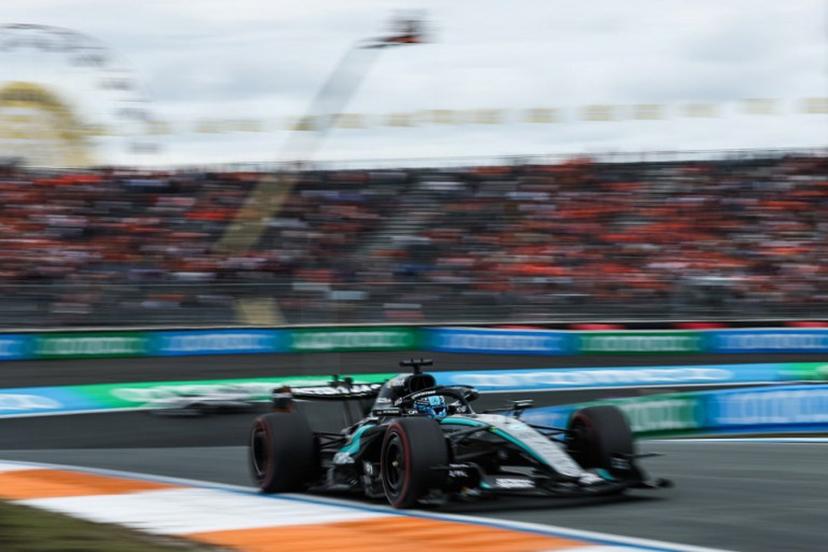 Mercedes' British driver George Russell drives during the first practice session of the Formula One Dutch Grand Prix at The Circuit Zandvoort, western Netherlands, on August 21, 2026.  SIMON WOHLFAHRT / AFP
