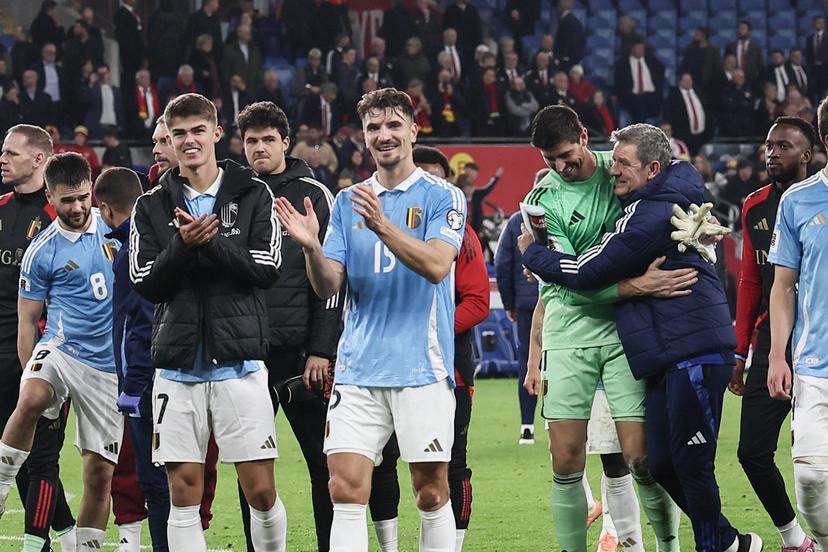 Belgium's players celebrate after winning a soccer game between Wales and Belgian national team Red Devils, in Cardiff, Wales on Sunday 12 October 2025, qualifier 6/8 for the 2026 FIFA World Cup. BELGA PHOTO BRUNO FAHY