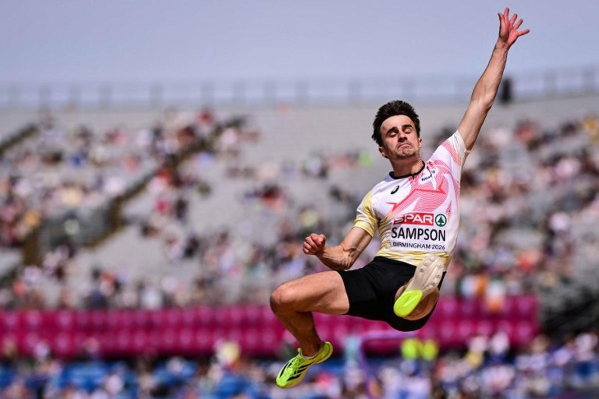 Belgium's Yanni Sampson competes in the men's long jump qualifier during the European Athletics Championships at Alexander Stadium in Birmingham on August 10, 2026.  Ben STANSALL / AFP