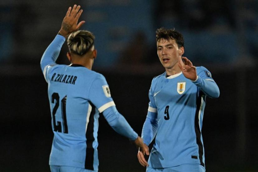 Uruguay's forward #09 Fedrico Vinas celebrates with Uruguay's midfielder #21 Rodrigo Zalazar after scoring his team's third goal during the 2026 FIFA World Cup South American qualifiers football match between Uruguay and Peru at the Centenario stadium in Montevideo on September 4, 2025.  Eitan ABRAMOVICH / AFP