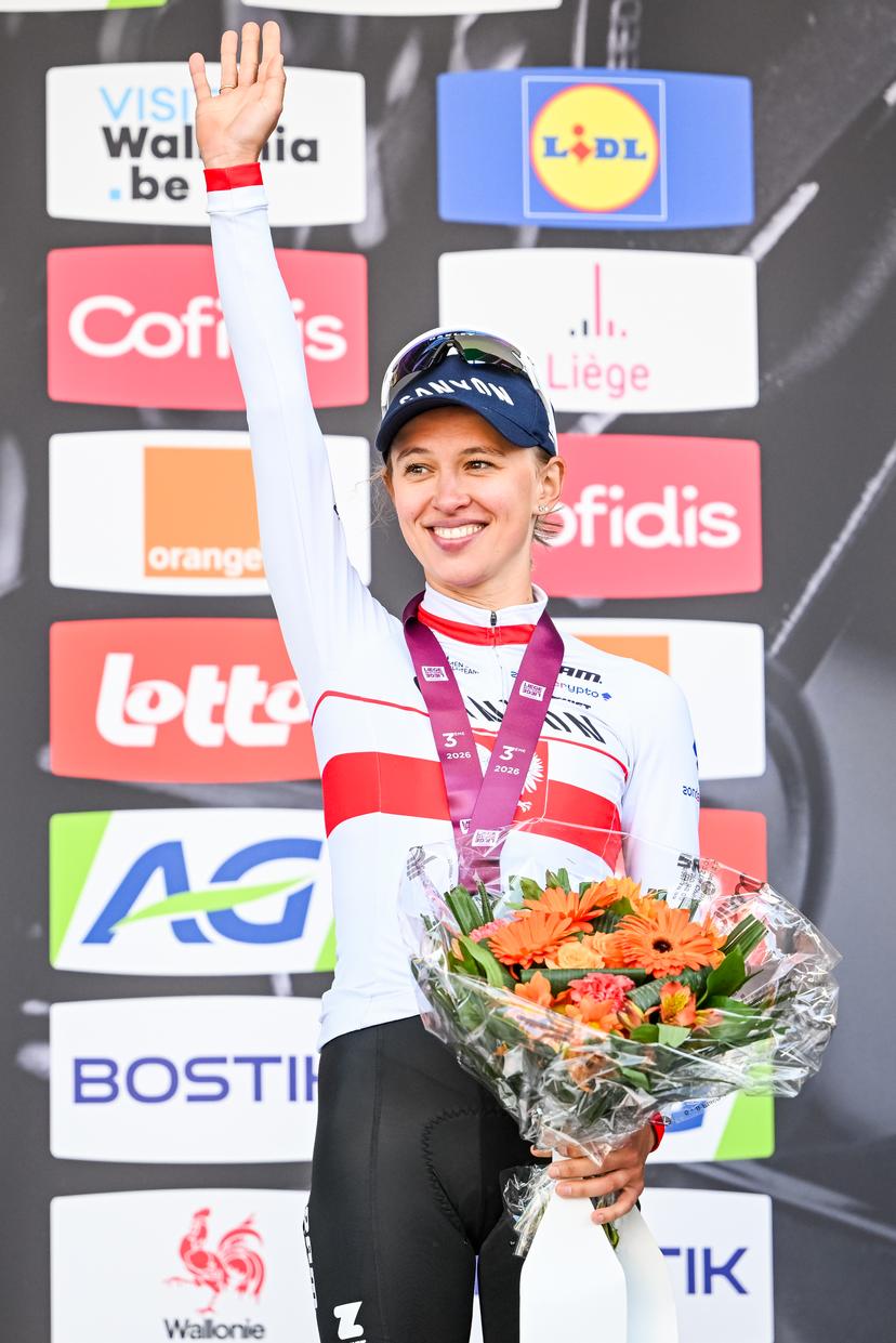 Polish Katarzyna Niewiadoma-Phinney of CANYON//SRAM Zondacrypto pictured on the podium after the women elite race of the Liege-Bastogne-Liege UCI World Tour one day cycling race, 156km from Bastogne to Liege, Sunday 26 April 2026. BELGA PHOTO MAARTEN STRAETEMANS