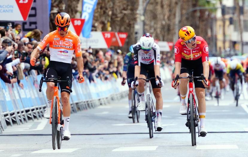 American Andrew August of INEOS Grenadiers celebrates as he crosses the finish line to win stage 3 of the 2026 Volta Comunitat Valenciana, Tour of Valencia cycling race, a race from Orihuela to San Vicente del Raspeig (158,2 km), on Friday 06 February 2026 in Spain. The race takes place from 4 to 8 February and runs through the three provinces of the Valencian Community. BELGA PHOTO JOMA GARCIA