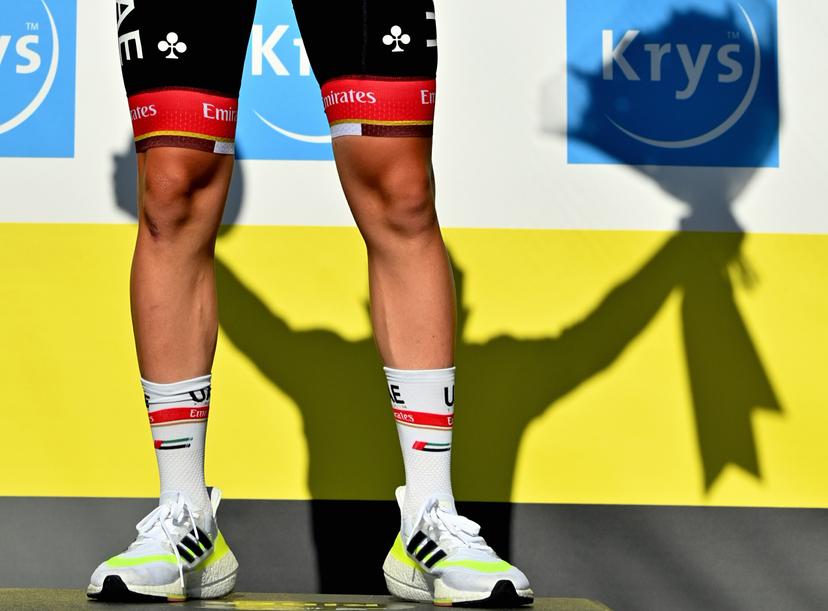 Illustration shows the legs of Slovenian Tadej Pogacar of UAE Team Emirates celebrates in the white jersey for best young rider after stage 19 of the 108th edition of the Tour de France cycling race, a 30,8km individual time trial from Libourne to Saint-Emilion in France, Saturday 17 July 2021. This year's Tour de France takes place from 26 June to 18 July 2021. BELGA PHOTO DAVID STOCKMAN