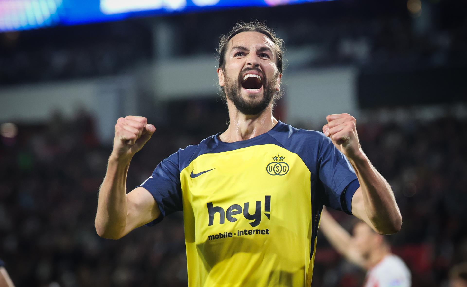 Union's Christian Burgess celebrates during a soccer game between Dutch team PSV Eindhoven and Belgian team Royale Union Saint-Gilloise, in Eindhoven, The Netherlands, on Tuesday 16 September 2025, on the opening day of the League phase of the UEFA Champions League tournament. BELGA PHOTO VIRGINIE LEFOUR