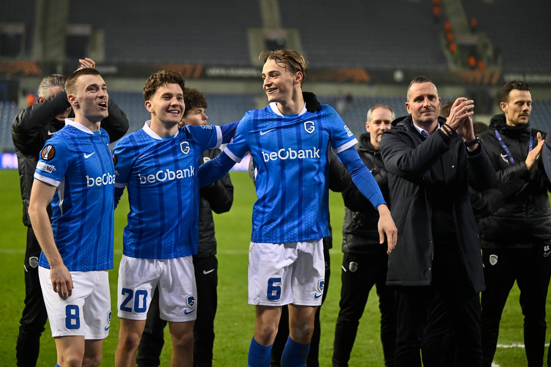 Genk's Bryan Heynen, Genk's Konstantinos Kos Karetsas, Genk's Matte Smets and Genk's head coach Nicky Hayen celebrate after winning a soccer game between Belgian soccer team KRC Genk and Swedish team Malmo FF, in Genk, on Thursday 29 January 2026, on day eight of the League phase of the UEFA Europa League tournament. BELGA PHOTO JOHAN EYCKENS