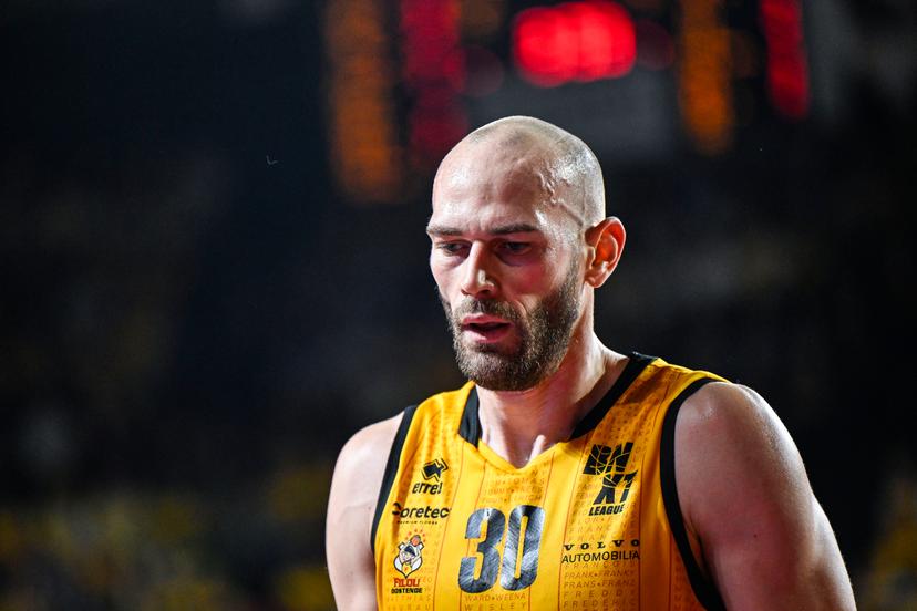 Oostende's Pierre-Antoine Gillet pictured during a basketball match between BC Oostende and Antwerp Giants, Thursday 11 June 2026, in Oostende, game 4 (out of 5) in the Playoffs final of the 'BNXT League' Belgian/ Dutch first division basket championship. BELGA PHOTO TOM GOYVAERTS