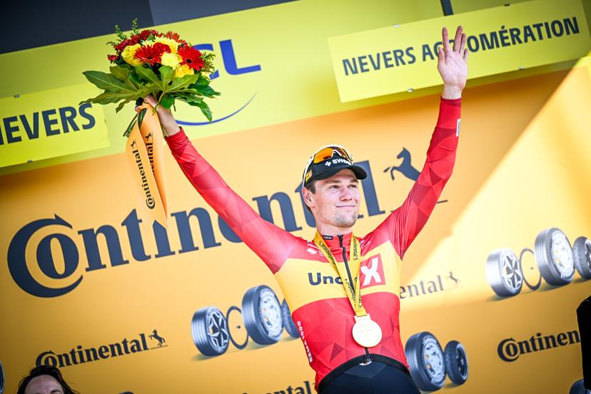Norwegian Soren Waerenskjold of Uno-X Mobility celebrates on the podium after winning the stage 11 of the 2026 Tour de France cycling race, a stage of 161km from Vichy to Nevers, on Wednesday 15 July 2026. The 113th edition of the Tour de France starts on Saturday 4 July in Barcelona, Spain, and will finish in Paris, France on the 26th of July. BELGA PHOTO JASPER JACOBS