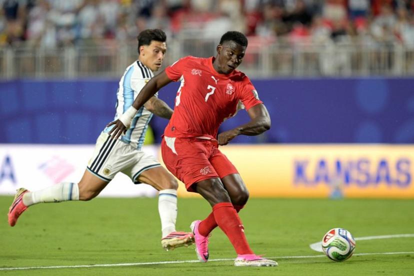 Switzerland's forward #07 Breel Embolo controls the ball during the 2026 World Cup football tournament quarter-final match between Argentina and Switzerland at the Kansas City Stadium in Kansas City on July 11, 2026.   JUAN MABROMATA / AFP