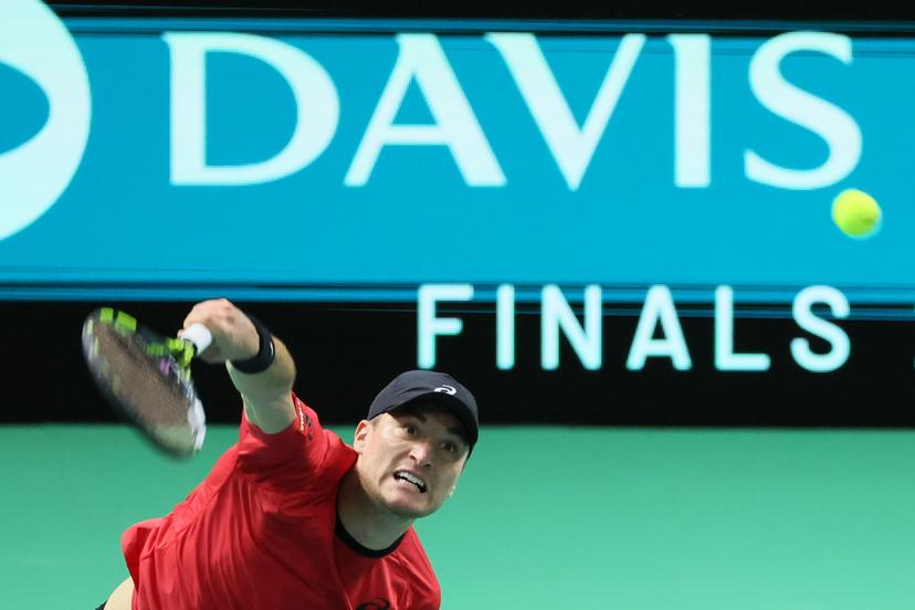 Belgian Raphael Collignon pictured in action during a tennis match against French Moutet, the first match of the Davis Cup quarter-finals Belgium and France, in Bologna, Italy, on Tuesday 18 November 2025. Davis Cup top eight Finals takes place in Bologna from November 18 to 23. BELGA PHOTO BENOIT DOPPAGNE
