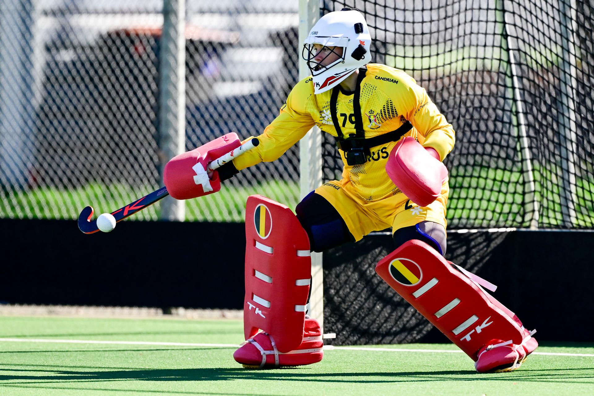 Belgium's goalkeeper Elodie Picard pictured during a training session with the new coach of Belgian national women hockey team 'the Red Panthers', in Antwerp, Tuesday 18 March 2025. BELGA PHOTO DIRK WAEM