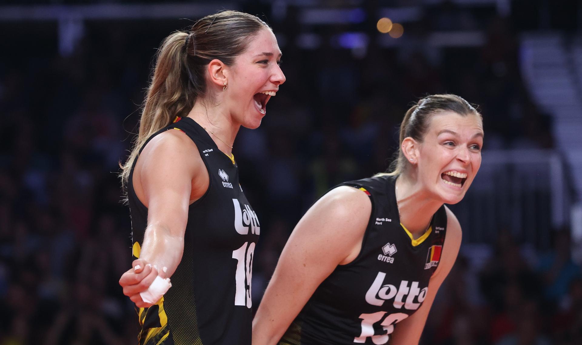 Belgium's Silke Van Avermaet and Belgium's Marlies Janssens pictured during a volleyball game between Poland and the Belgian national women volleyball team Yellow Tigers in the group stage of the 2023 European Women's Championships, Tuesday 22 August 2023 in Gent. The 2023 European Women's Championships take place from August 15 to September 3. BELGA PHOTO VIRGINIE LEFOUR