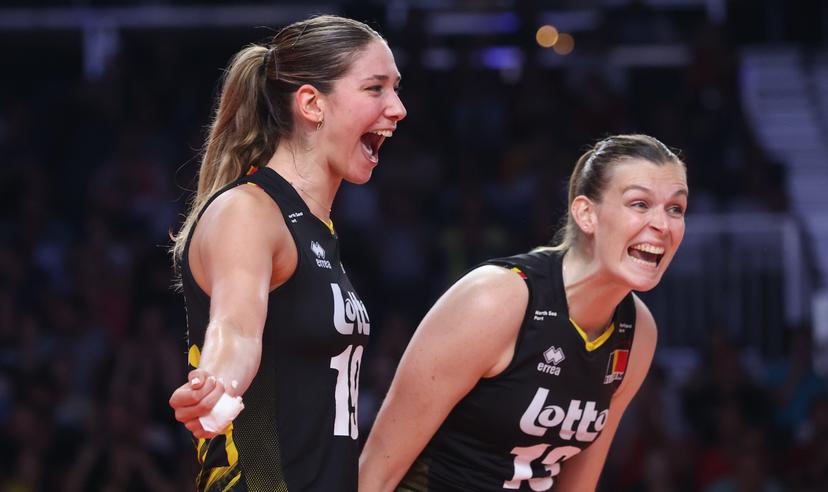 Belgium's Silke Van Avermaet and Belgium's Marlies Janssens pictured during a volleyball game between Poland and the Belgian national women volleyball team Yellow Tigers in the group stage of the 2023 European Women's Championships, Tuesday 22 August 2023 in Gent. The 2023 European Women's Championships take place from August 15 to September 3. BELGA PHOTO VIRGINIE LEFOUR