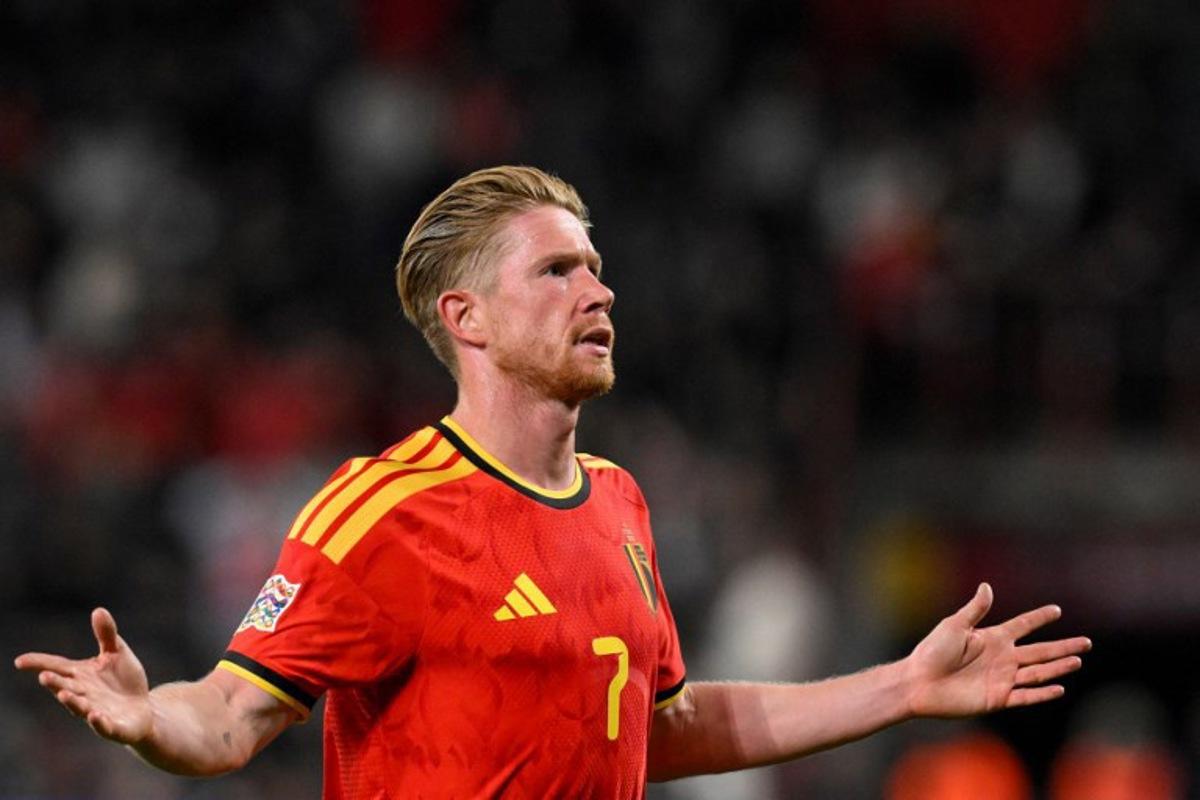 Belgium's midfielder #07 Kevin De Bruyne celebrates after scoring his team second goal during the UEFA Nations League, League A - Group 1, football match between Belgium and Turkey at the Maurice Dufrasne stadium, in Liege, eastern Belgium on October 2, 2026.  JOHN THYS / AFP