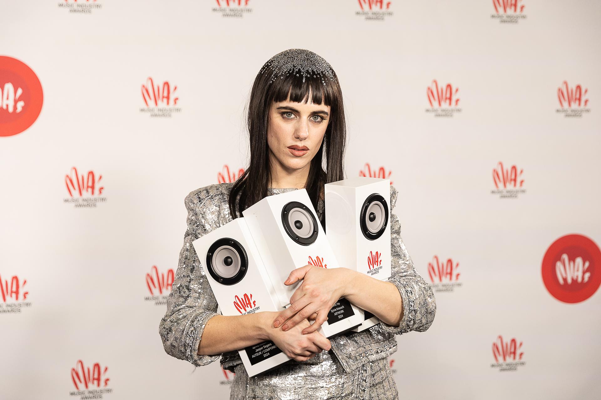 Singer Sylvie Kreusch pictured during the 17th edition of the MIA's (Music Industry Award) award show, in Merksem, Wednesday 29 January 2025. The MIA awards are handed out by the VRT and VI.BE. BELGA PHOTO JAMES ARTHUR GEKIERE