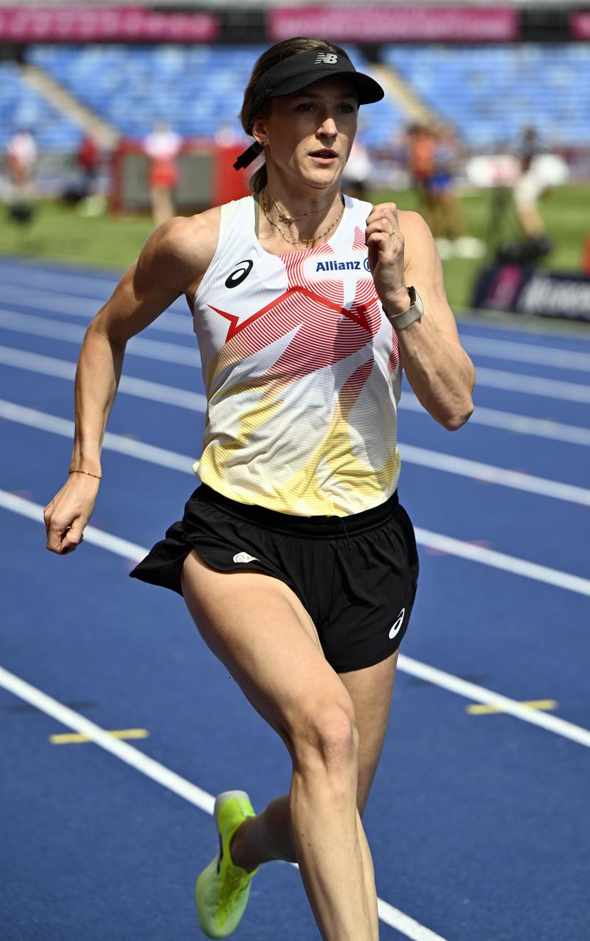 Belgian Paulien Couckuyt pictured in action during a training session in preparation of the European Athletics Championships (August 10�18), in Birmingham, United Kingdom, on Sunday 09 August 2026. BELGA PHOTO ERIC LALMAND