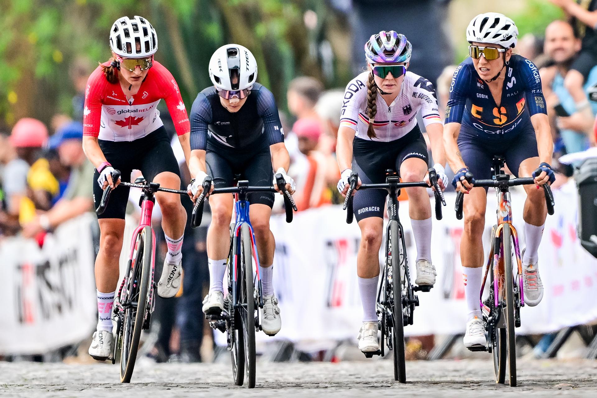 Canada Magdeleine Vallieres Mill, New Zealand Niamh Fisher-Black, Germany Antonia Niedermaier and Spanish Mavi Garcia pictured in action during the elite women road race (164,6 km) at the cycling road World Championships in Kigali, Rwanda, Saturday 27 September 2025. The 2025 UCI Road World Championships take place from 21 to 28 September in Kigali, Rwanda. BELGA PHOTO DIRK WAEM