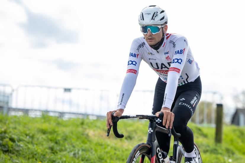Italian Alessandro Covi of UAE Team Emirates pictured in action during a track reconaissance of several teams ahead of the Ronde van Vlaanderen/ Tour des Flandres/ Tour of Flanders cycling race, Friday 29 March 2024. The 108th edition of the cycling race will take place on Sunday 31 March. BELGA PHOTO DAVID PINTENS