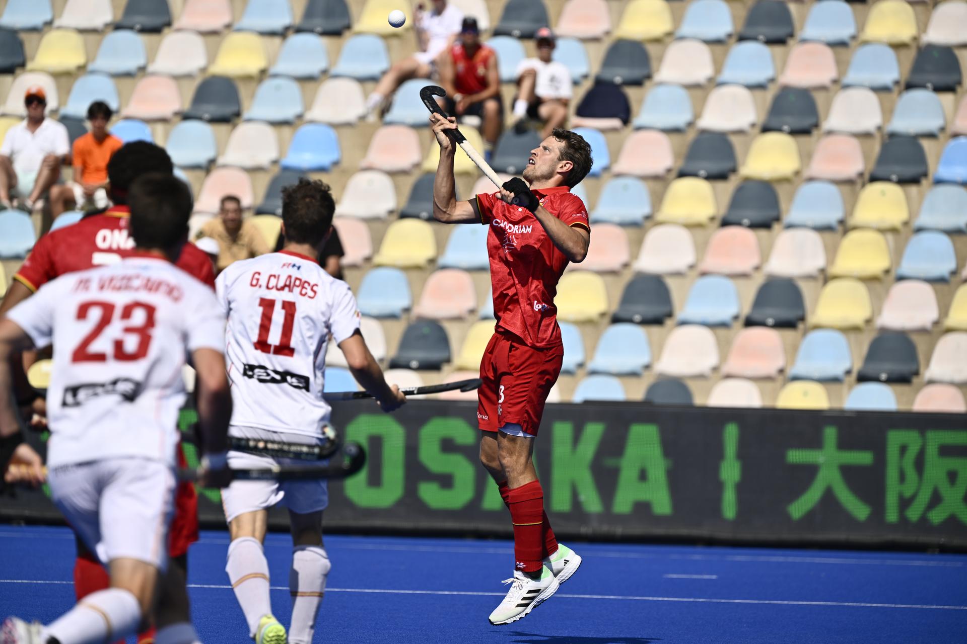 Belgium's Nicolas de Kerpel pictured in action during a hockey game between Spain and the Belgian national team Red Lions, match 3/3 in the pool stage of the 2025 men's European championships, Tuesday 12 August 2025 in Monchengladbach, Germany.  BELGA PHOTO ERIC LALMAND