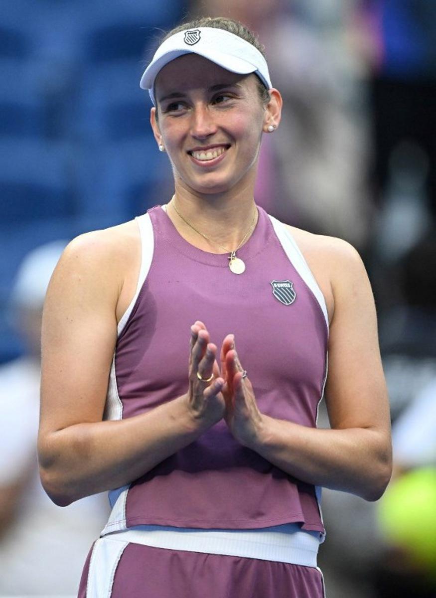 Belgium's Elise Mertens celebrates after winning her women's singles match against USA's Coco Gauff at the China Open tennis tournament in Beijing on October 7, 2026.   Adek BERRY / AFP