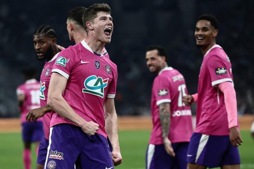 Toulouse's English defender #04 Charlie Cresswell celebrates after scoring a goal during the French Cup quarter final football match between Olympique de Marseille (OM) and Toulouse FC at the Stade Velodrome stadium in Marseille, southern France on March 4, 2026.  Thibaud MORITZ / AFP