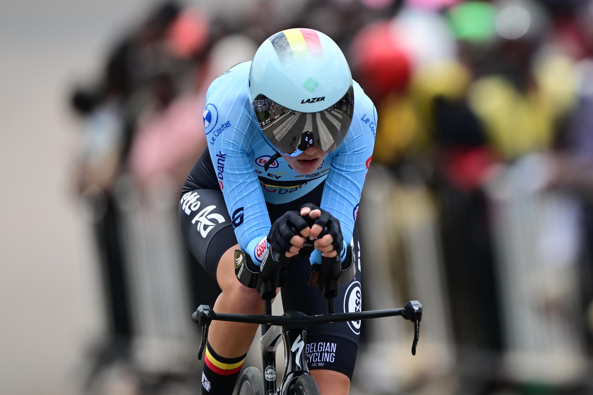 Belgian Laura Five pictured in action during the Women Junior Individual Time Trial race (18,3km) at the cycling road world championships, in Kigali, Rwanda, Tuesday 23 September 2025. The 2025 UCI Road World Championships take place from 21 to 28 September in Kigali, Rwanda. BELGA PHOTO DIRK WAEM