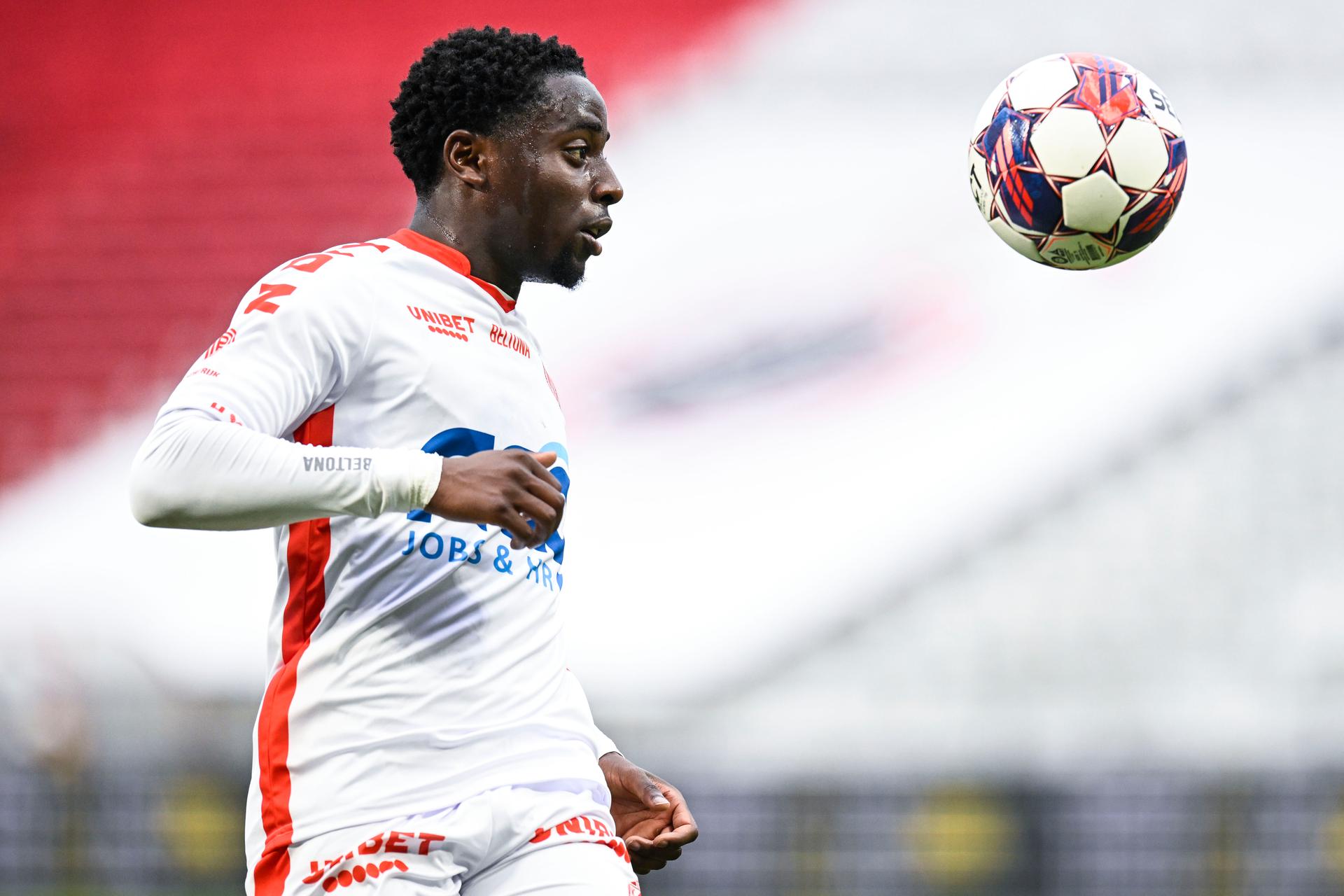 Kortrijk's Dylan Mbayo pictured in action during a soccer match between Royal Antwerp FC and KV Kortrijk, Sunday 16 April 2023 in Deurne, Antwerp, on day 33 of the 2022-2023 'Jupiler Pro League' first division of the Belgian championship. BELGA PHOTO TOM GOYVAERTS