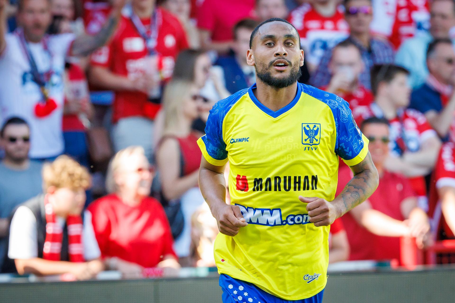 STVV's Loic Lapoussin celebrates after scoring during a soccer match between KV Kortrijk and Sint-Truidense VV, Saturday 10 May 2025 in Kortrijk, on day 6 (out of 6) of the Relegation Play-offs of the 2024-2025 'Jupiler Pro League' first division of the Belgian championship. BELGA PHOTO KURT DESPLENTER