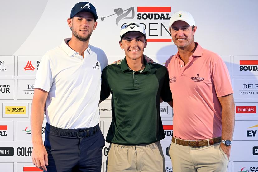 Belgian Thomas Pieters, Belgian Matthis Besard and Belgian Nicolas Colsaerts pictured during a press conference regarding the 'Soudal Open' golf tournament of the DP World Tour in Schilde, Tuesday 20 May 2025. The 2025 Soudal Open take place from 22 to 25 May at the Rinkven Golf Club in Schilde. BELGA PHOTO DIRK WAEM