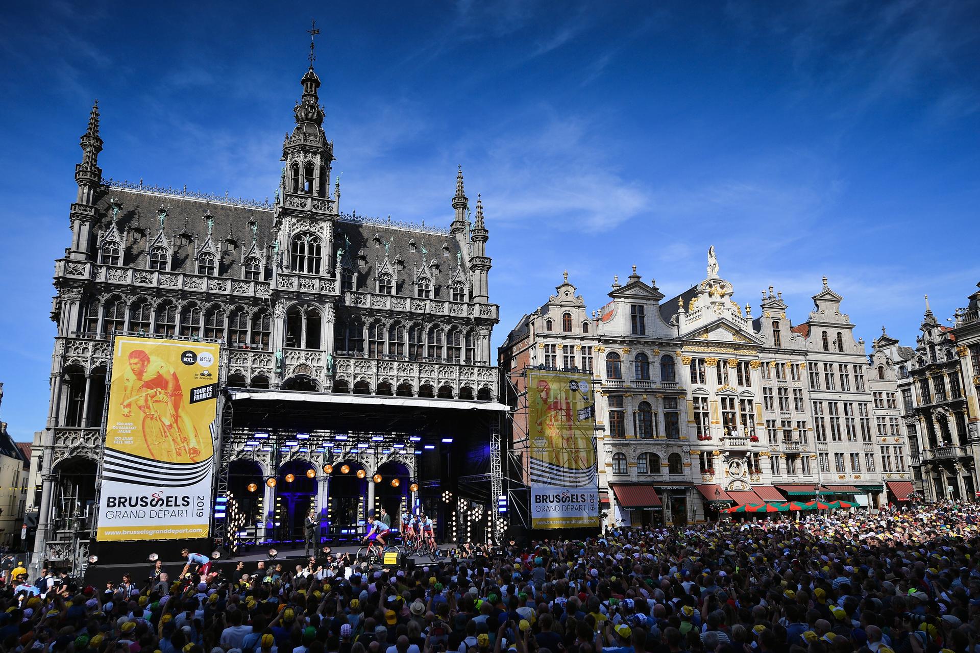Illustration picture taken during the team presentation at the Grand Place - Grote Markt in Brussels, for the 106th edition of the Tour de France cycling race, Thursday 04 July 2019. This year's Tour de France starts in Brussels and takes place from July 6th to July 28th. BELGA PHOTO DAVID STOCKMAN