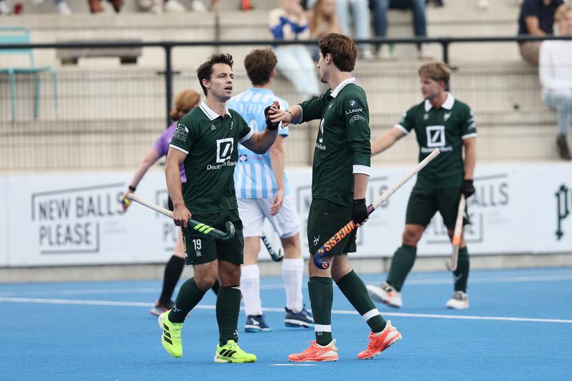 WatDucks' players celebrate after winning a hockey game between Gantoise and Waterloo Ducks, Sunday 14 September 2025 in Gent, on day 3 of the Belgian Men Hockey League season 2025-2026. BELGA PHOTO BRUNO FAHY