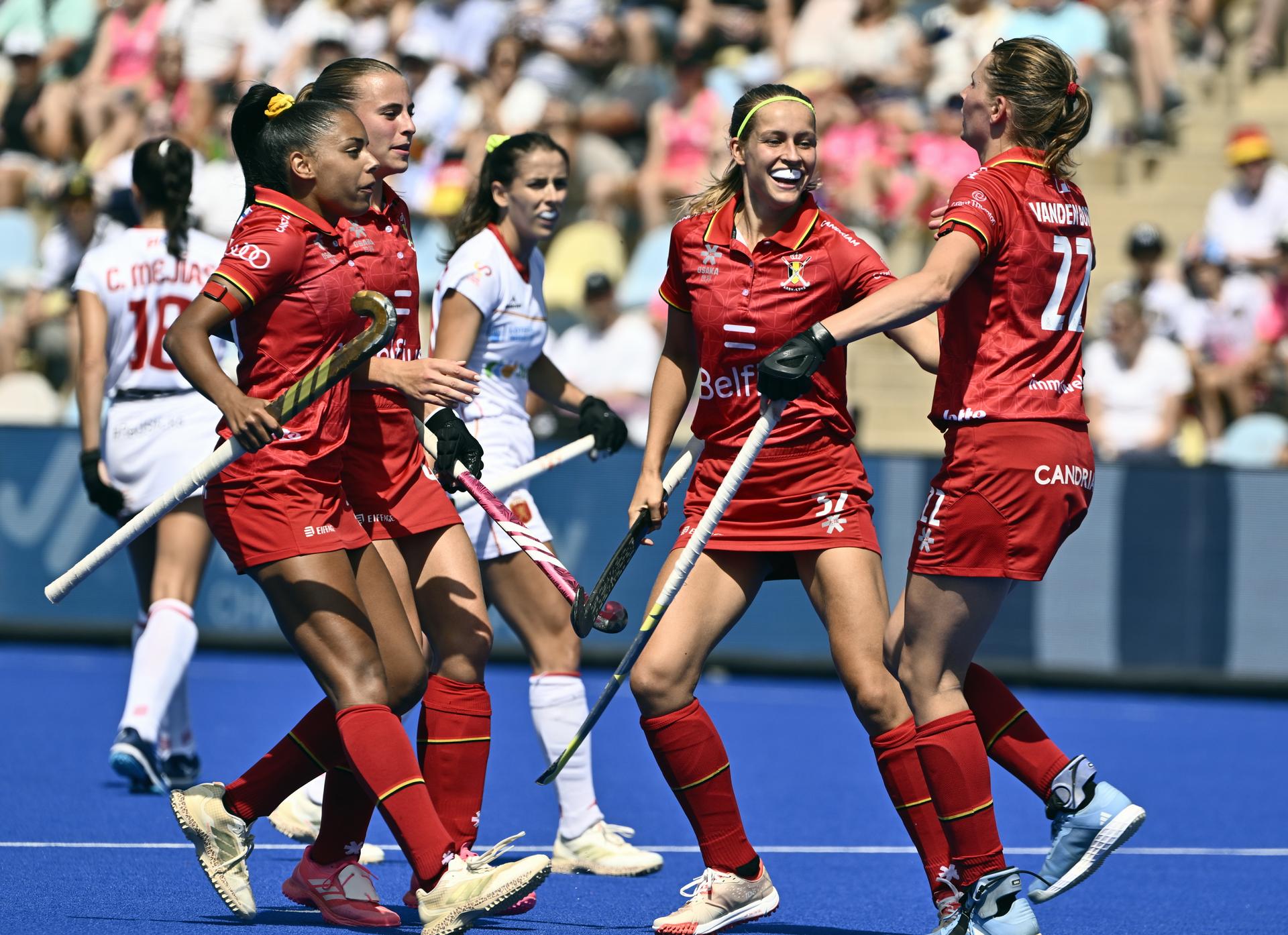 Belgium's Stephanie Vanden Borre celebrates after scoring during a hockey game between Belgian national team Red Panthers and Spain, match 1/3 in the pool stage of the 2025 women's European championships, Sunday 10 August 2025 in Monchengladbach, Germany. BELGA PHOTO ERIC LALMAND
