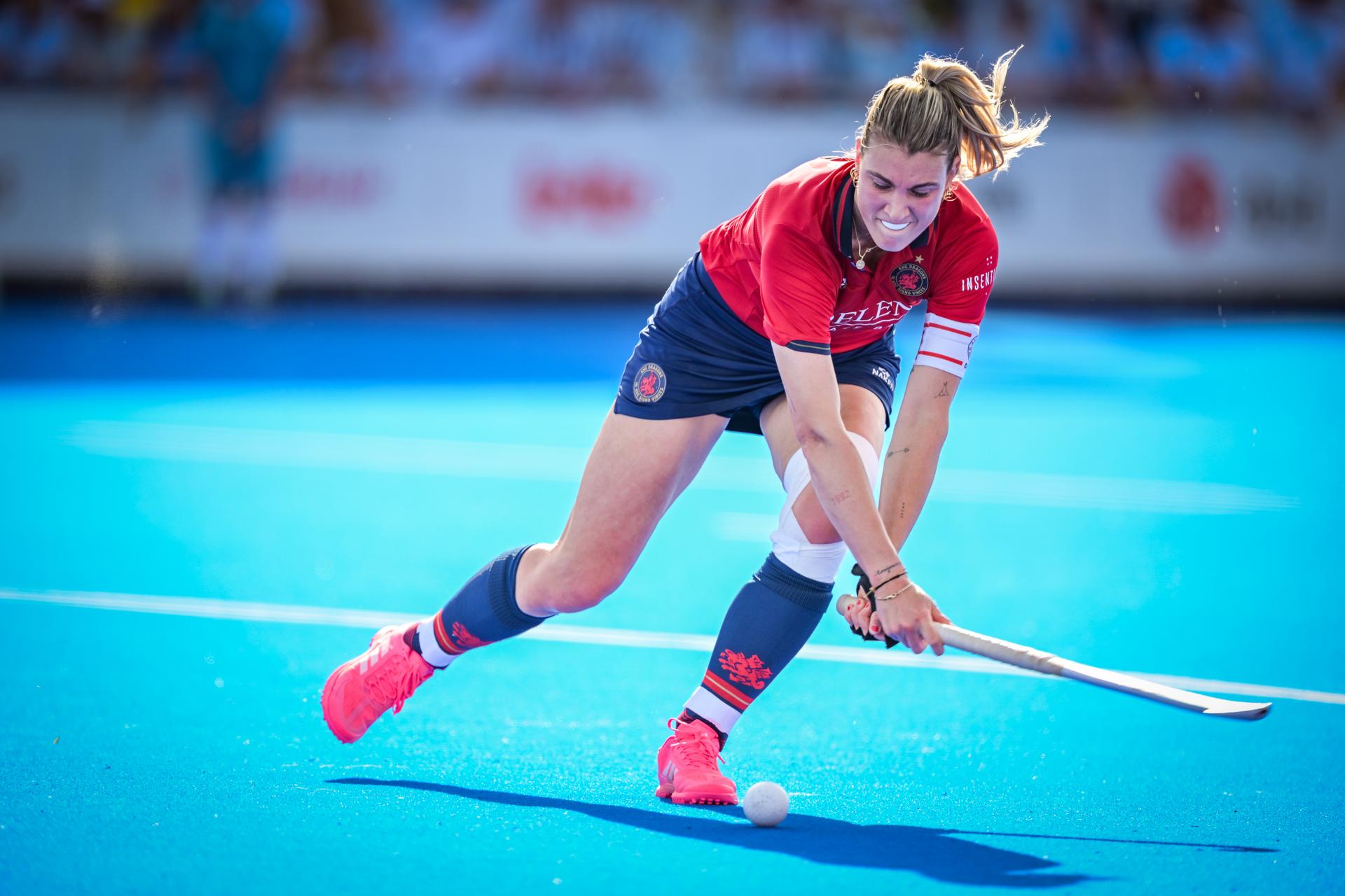 Dragons' Valerie Magis pictured in action during a hockey game between Gantoise and Dragons, Sunday 24 May 2026 in Wavre, the return leg of the women's Finals of the Belgian first division hockey championship. BELGA PHOTO DAVID PINTENS