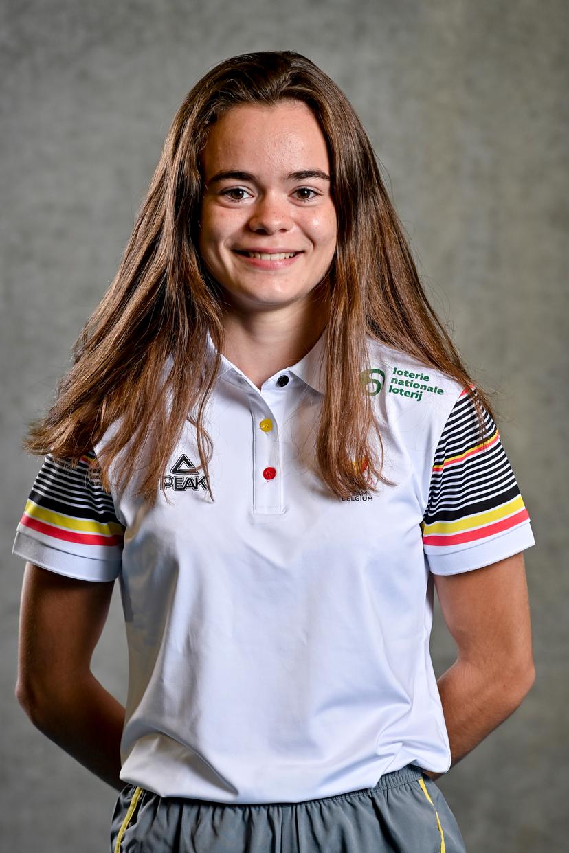 Victoria Sibille poses during a team building exercise for the athletes competing in the 2022 Summer European Youth Olympic Festival (EYOF), Wednesday 20 July 2022 in Louvain-la-Neuve. The 2022 EYOF will take place in Banska Bystrica, Slovakia, from 24 to 30 July. BELGA PHOTO DIRK WAEM