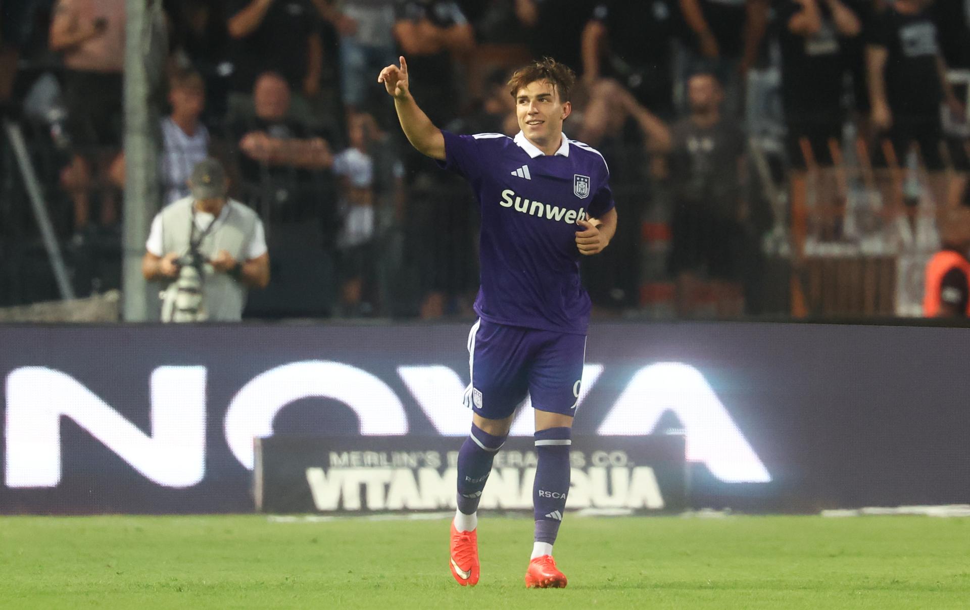 Anderlecht's Mihajlo Cvetkovic celebrates after scoring during at  a game between Belgian first division soccer team RSC Anderlecht and Greek club Paok, in Thessaloniki, Greece, on Wednesday 05 August 2026. This is the first leg of a third qualifying round of the UEFA Europa League competition. BELGA PHOTO VIRGINIE LEFOUR