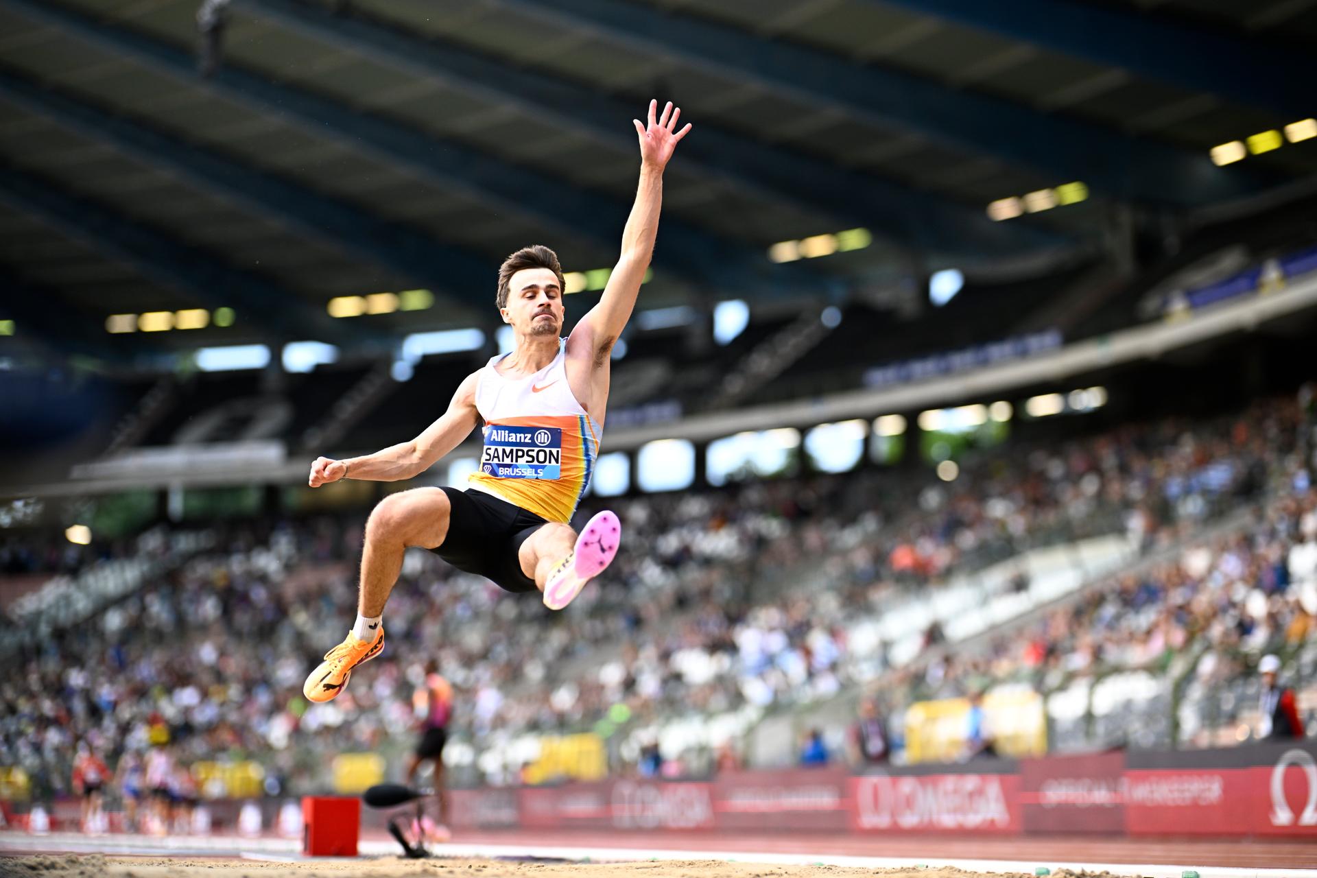 Belgium's Yanni Sampson pictured in action during the long jump event, at the 50th edition of the Memorial Van Damme Diamond League athletics event in Brussels, Friday 4 September 2026.  BELGA PHOTO JASPER JACOBS