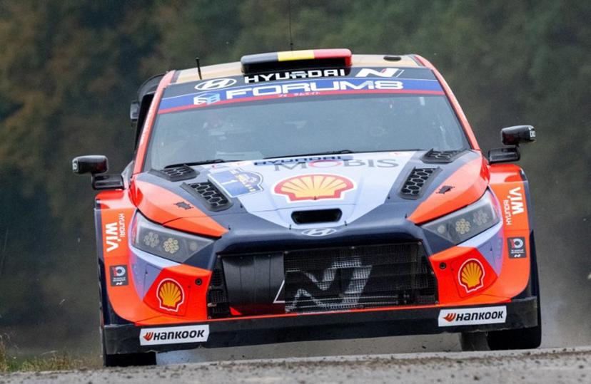 Belgian driver Thierry Neuville and co-driver Martijn Wydaeghe compete in their Hyundai i20 N Rally 1 car during day three of the FIA World Rally Championship WRC Central European Rally at the SS9 "Made in FRG" stage near Roehrnbach close to Passau, southern Germany on October 18, 2025.  Joe Klamar / AFP