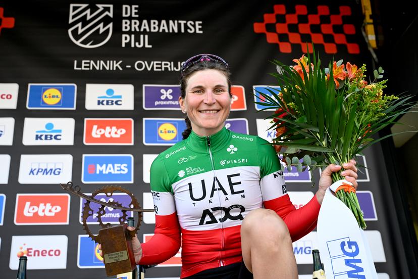 Italian Elisa Longo Borghini of UAE Team ADQ celebrates on the podium after winning the women's 'Brabantse Pijl' one day cycling race, 125,7km from Lennik to Overijse on Friday 18 April 2025. BELGA PHOTO TOM GOYVAERTS