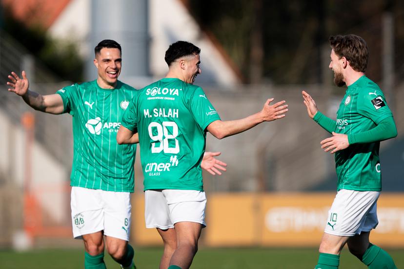 Lommel's Joey Pelupessy, Lommel's Mohamed Salah and Lommel's Tom Reyners celebrate after scoring during a soccer game between Lommel SK and Royal Francs Borains, Sunday 15 March 2026 in Lommel, on day 30 (out of 34) of the 2025-2026 'Challenger Pro League' 1B second division of the Belgian championship. BELGA PHOTO KRISTOF VAN ACCOM