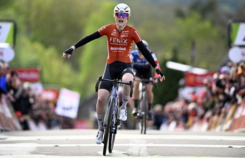 Dutch Puck Pieterse of Fenix-Deceuninck celebrates after winning the women's race of the 'La Fleche Wallonne', one day cycling race (Waalse Pijl - Walloon Arrow), 140,7 km from Ciney to Huy, Wednesday 23 April 2025. BELGA PHOTO JASPER JACOBS