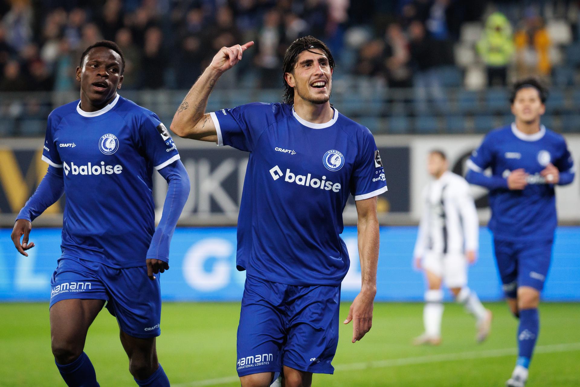 Gent's Omri Gandelman celebrates after scoring during a soccer match between KAA Gent and Sporting Charleroi, Friday 03 October 2025 in Gent, on day 10 of the 2025-2026 'Jupiler Pro League' first division of the Belgian championship. BELGA PHOTO KURT DESPLENTER