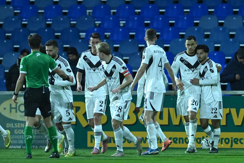 Eupen's players celebrate after scoring during a soccer game between Patro Eisden Maasmechelen and KAS Eupen, Thursday 18 December 2025 in Maasmechelen, on day 18 of the 2025-2026 'Challenger Pro League' 1B second division of the Belgian championship. BELGA PHOTO LUC CLAESSEN
