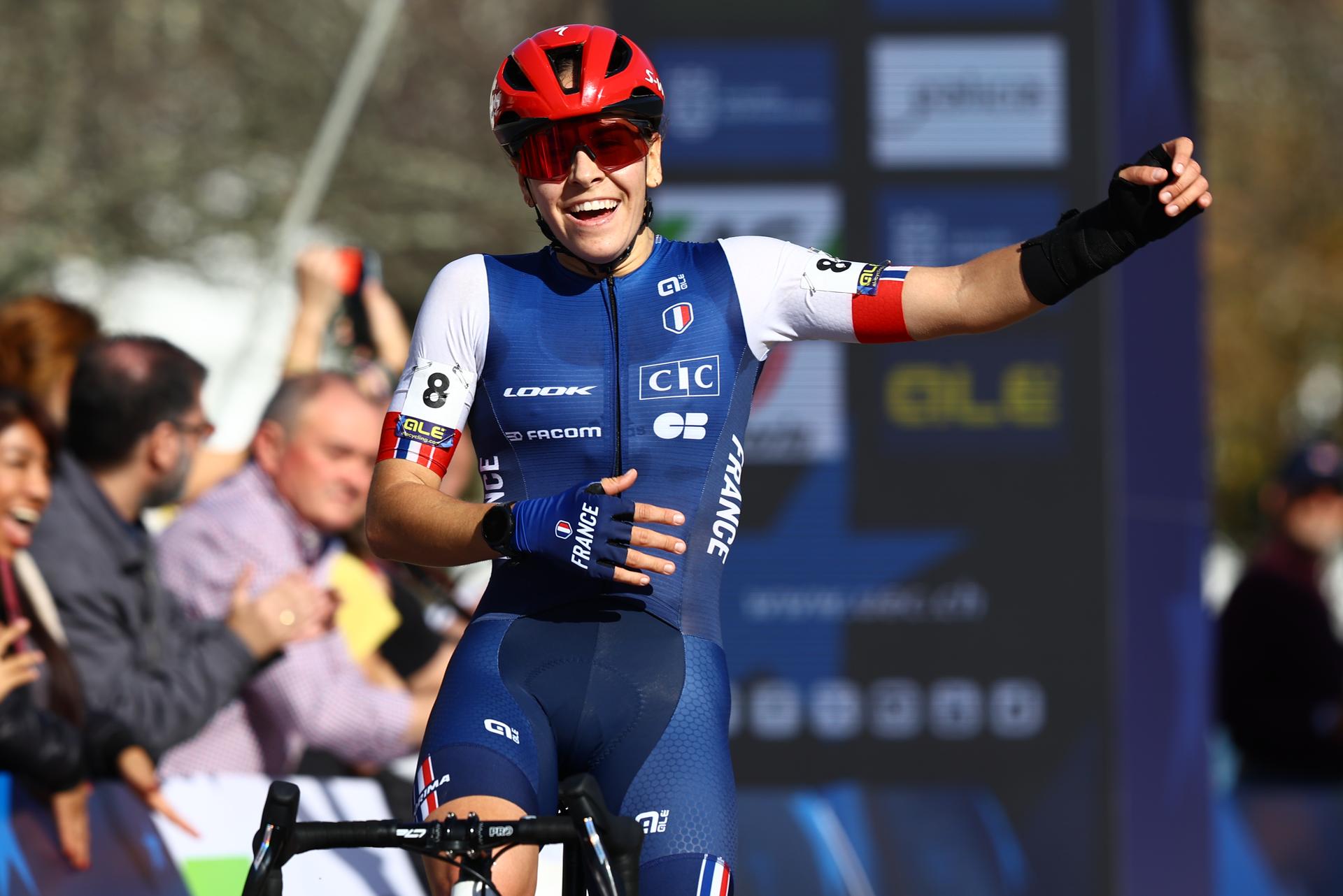 French Celia Gery celebrates as she crosses the finish line to win the U23 Women race at the European Championships cyclocross cycling in Pontevedra, Spain, Sunday 03 November 2024. BELGA PHOTO DAVID PINTENS